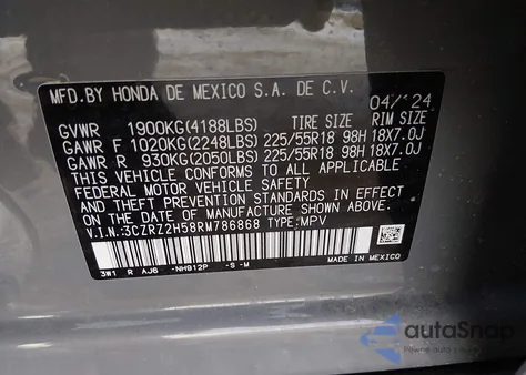 2024 Honda Hr-V Awd Sport/Awd Sport W/O Bsi z USA, uszkodzony, nr VIN 3CZRZ2H58RM786868
